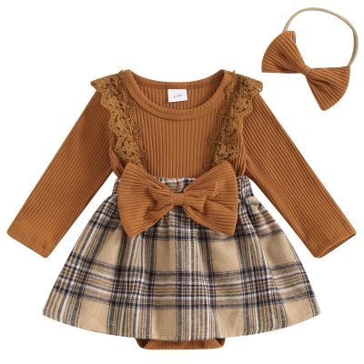 Mubineo Baby Girl Clothes Cute Romper Dress Outfits Ruffle Lace Long Sleeve Skirt Set Fall Winter Infant Newborn Outfit (Brown, 6-9 Months)