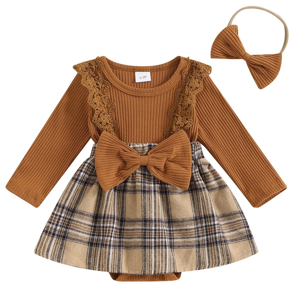 Mubineo Baby Girl Clothes Cute Romper Dress Outfits Ruffle Lace Long Sleeve Skirt Set Fall Winter Infant Newborn Outfit (Brown, 6-9 Months)