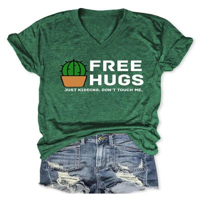 Free Hugs Shirts for Women Casual Printed V-Neck T Shirt Funny Short Sleeve Tee Tops Cute Social Distancing Tshirt