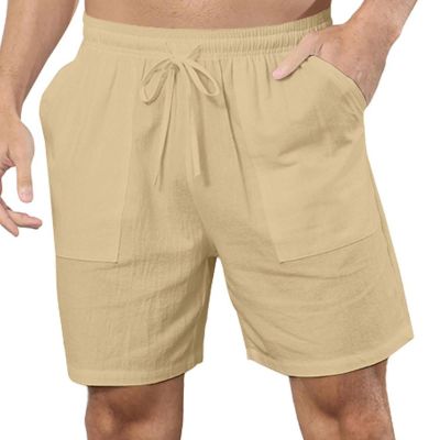 Generic Men's Linen Shorts Loose Casual Elastic Waist Drawstring Summer Soild Color Beach Shorts with Pockets Outdoor Fashion Khaki, 5X-Large