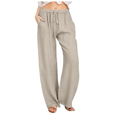 Linen Pants for Women Plus Size Summer Flowy Wide Leg Palazzo Pants Summer High Waisted Beach Trousers with Pockets
