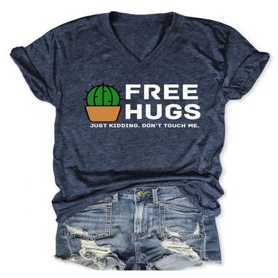 Free Hugs Shirts for Women Casual Printed V-Neck T Shirt Funny Short Sleeve Tee Tops Cute Social Distancing Tshirt