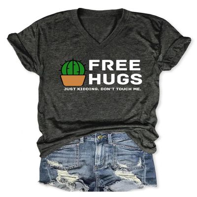 Free Hugs Shirts for Women Casual Printed V-Neck T Shirt Funny Short Sleeve Tee Tops Cute Social Distancing Tshirt