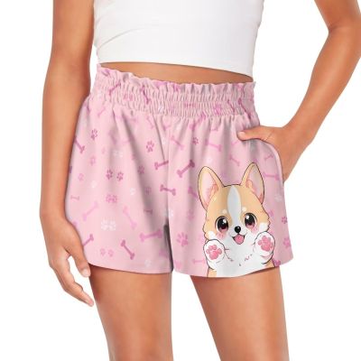 SCRAWLGOD Corgi Girls Shorts Size 7-8 Dog Paw Flowy Casual Shorts for Little Girls Butterfly Shorts with Pockets Bone Kids High Waist Running Shorts Children Athletic Shorts Quick Dry