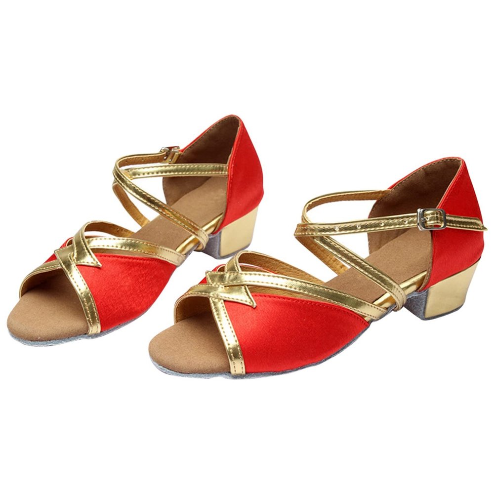 Egmy Girls Soft-Soled Glittering Latin Ballroom Dance Sandals Big Kids Low Heels Sequins Tango Practice Shoes (Red, 2 Big Kids)