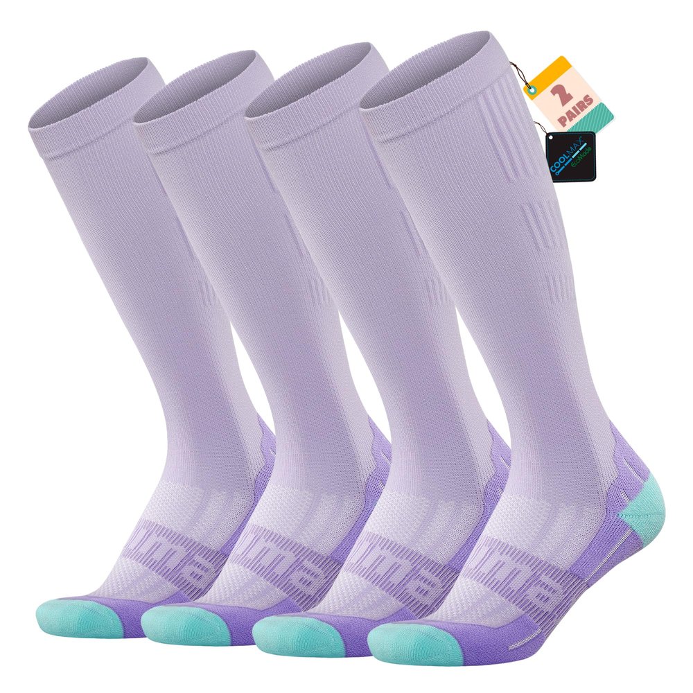BRISIRA Coolmax Compression Socks for Women 2 Pairs Knee High 15-20 mmHg Anti-Blister Arch Support for Nurse Pregnancy Flying