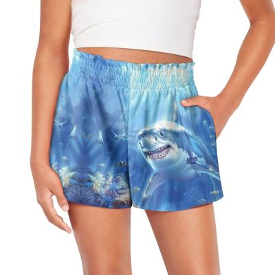 SCRAWLGOD Shark Girls Shorts Size 1T Ocean Elastic High Waist Flowy Shorts with Pockets Athletic Running Shorts for Girls Butterfly Shorts Summer Kids Pants Breathable Liner