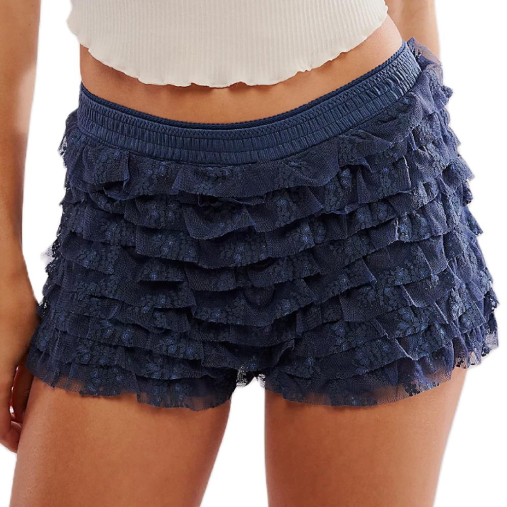 NUFIWI Womens Ruffle Lace Bloomers Cute Lolita Floral Mesh Layered Shorts Y2k Sexy Micro Bottoms Fairy Pettipants(Basic Dark Blue,M)