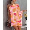 NineFit Basics Women'S One Shoulder Batwing Cape Mini Dress Fashion Casual Colorblock Loose Party Dress Cocktail Sundress Tunic Dresses (Medium,Orange) view 2