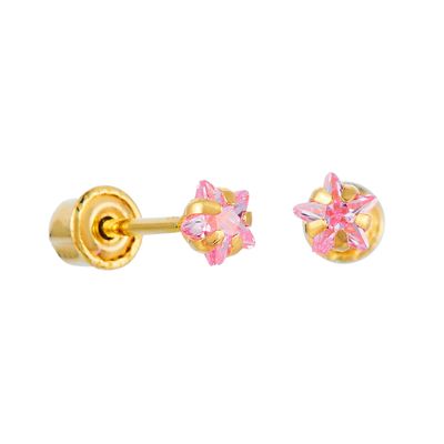 14k REAL Yellow Gold Peg Head Set 3mm Pink Star Solitaire CZ Stud Earrings with Screw Back