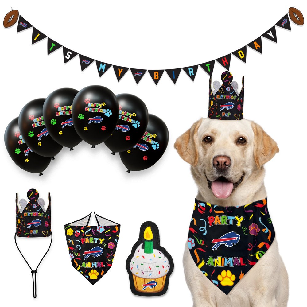 NFL Buffalo Bills Dog Birthday Party Set 10pcs with 1 Football Bandana Large/X-Large, 1 Crown Hat, 1 Banner, 1 Birthday Cake Toy & 6 B-Day Balloons, Dog Birthday Set, Costume, Fun Doggie Pawty