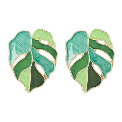 Bohemian Green Leaf Earrings Enamel Jewelry Monstera Leaves Plant Pendant Drop Dangle Earrings for Women - Green