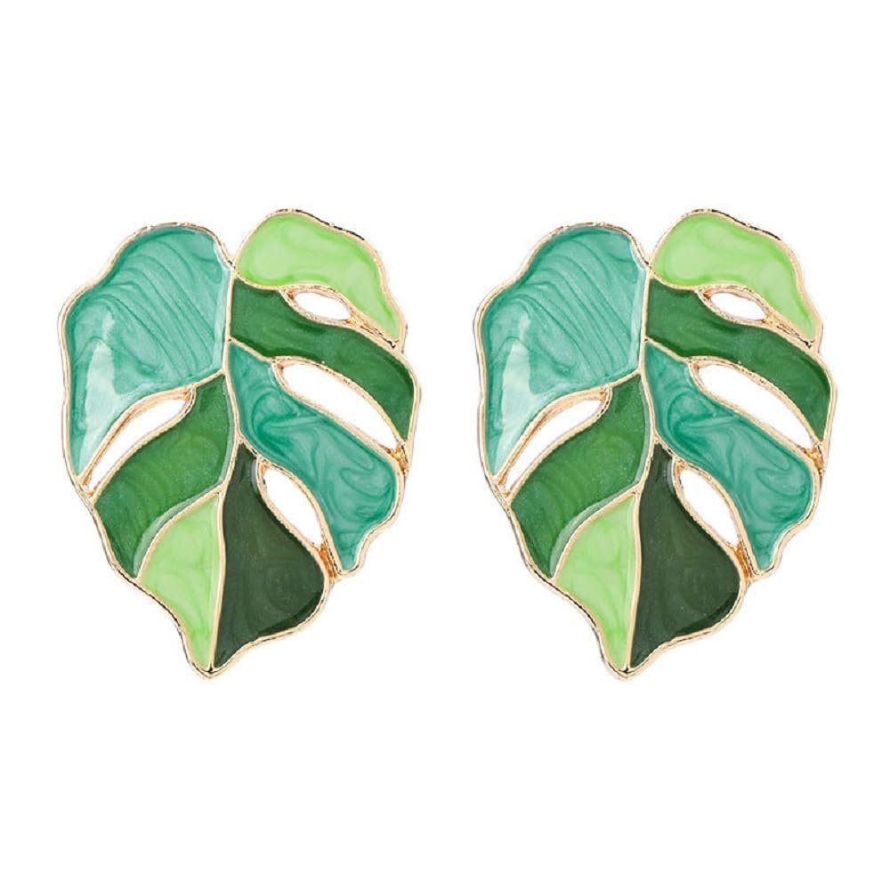 Bohemian Green Leaf Earrings Enamel Jewelry Monstera Leaves Plant Pendant Drop Dangle Earrings for Women - Green
