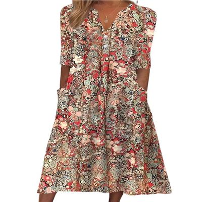 Akivide Women's Boho Floral Print V Neck Dress Loose Long Sleeve Summer Casual Beach Maxi Dresses with Pockets