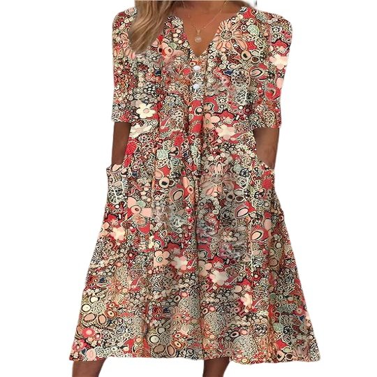 Akivide Women's Boho Floral Print V Neck Dress Loose Long Sleeve Summer Casual Beach Maxi Dresses with Pockets