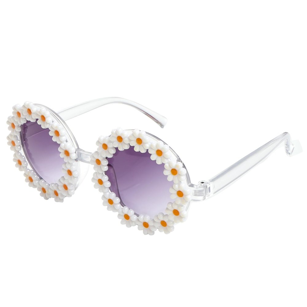 Topbuti Girls Round Daisy Flower Sunglasses Flower Shaped Cute Glasses UV 400 Protection Outdoor Beach Eyewear Girl Boy Gifts (1, White)
