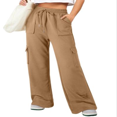 Aleumdr Women's Athletic Sweatpants High Waist Wide Leg Pants Lounge Joggers Baggy Cargo Pants Casual Loose Sweat Pants with Pockets Light Brown XX-Large