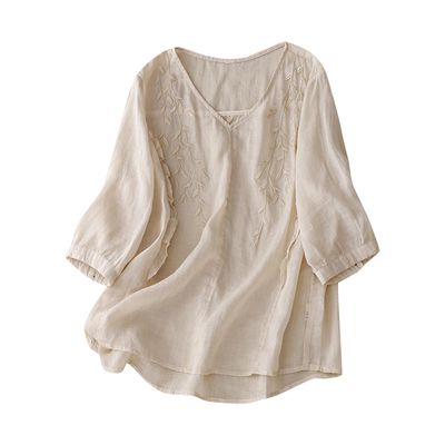 Womens Summer 3/4 Sleeve Cotton Linen Tops Vintage Mexican Embroidered Shirts Casual V Neck Boho Blouse Oversized