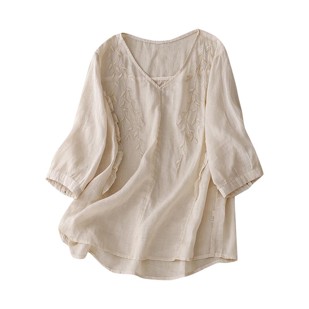 Womens Summer 3/4 Sleeve Cotton Linen Tops Vintage Mexican Embroidered Shirts Casual V Neck Boho Blouse Oversized