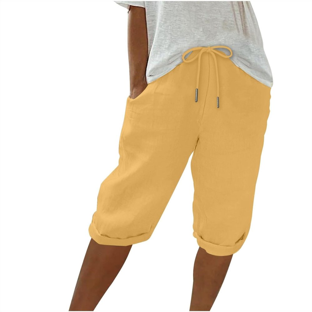 Bermuda Shorts for Women Knee Length Plus Size Cotton Linen Casual Shorts Drawstring High Waist Shorts with Pockets Casual Cargo Capris Hiking Pants