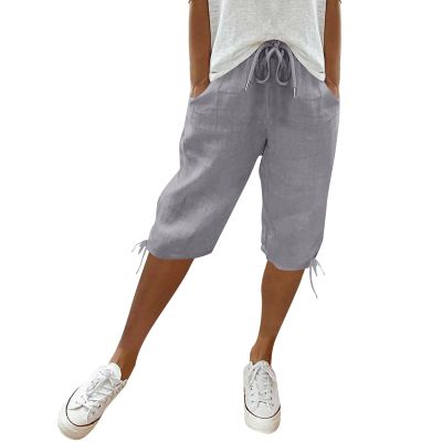 Bermuda Shorts for Women Knee Length Cotton Linen Casual Shorts Drawstring High Waisted Shorts Jogger Athletic Shorts Casual Cargo Capris Hiking Pants