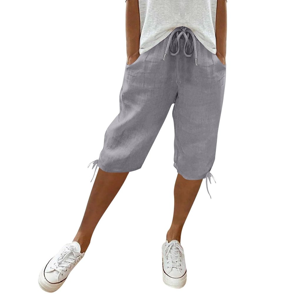 Bermuda Shorts for Women Knee Length Cotton Linen Casual Shorts Drawstring High Waisted Shorts Jogger Athletic Shorts Casual Cargo Capris Hiking Pants
