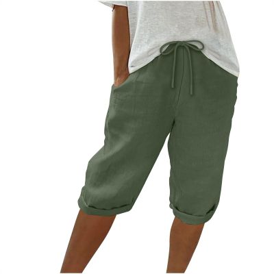 Capris Shorts for Women Drawstring Linen Bermuda Shorts Elastic Waist Summer Travel Beach Short Comfy Athletic Shorts Loose Fit Knee Length Shorts