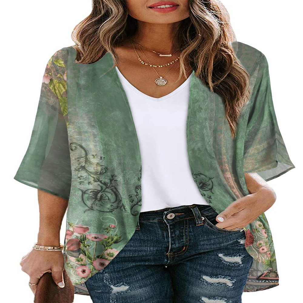 Women's Floral Print Puff Sleeve Kimono Cardigan Loose Cover Up Casual Blouse Tops(Army Green Floral,L)
