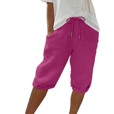 Linen Shorts for Women Knee Length Bermuda Shorts Drawstring Elastic Waist Summer Casual Gym Shorts with Pockets Casual Cargo Capris Hiking Pants