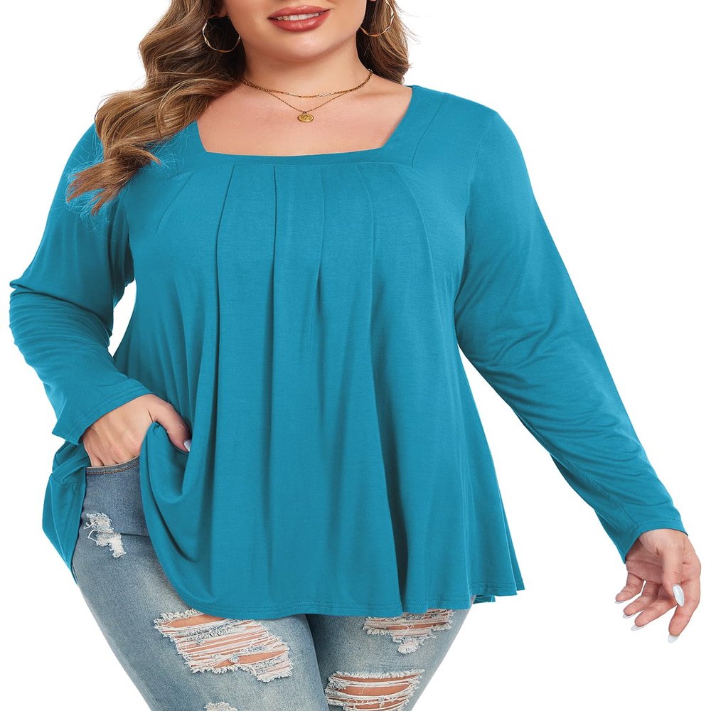 LARACE Womens Plus Size Tunic Tops Loose Fit Square Neck Long Sleeve Shirts (LakeBlue 2X)