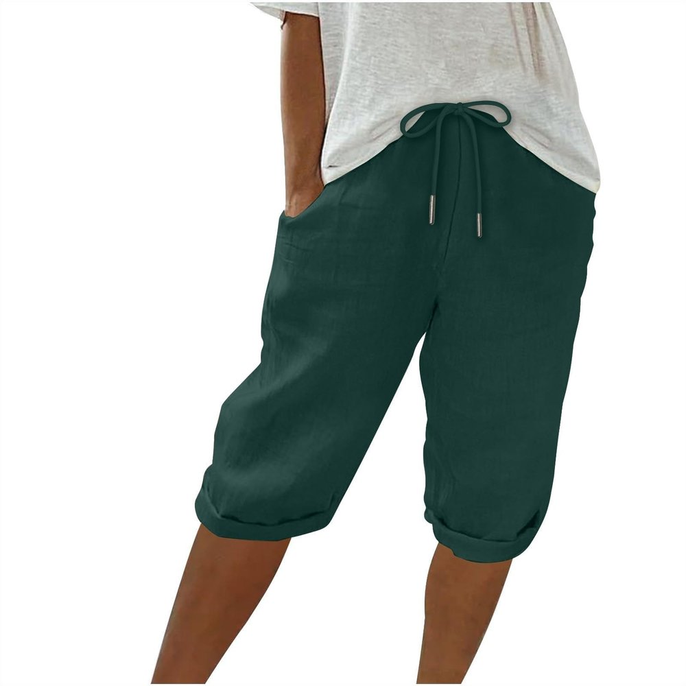 Bermuda Shorts for Women High Waisted Cotton Linen Elastic Drawstring Summer Shorts Casual Loose Fit Dandelion Print Casual Cargo Capris Hiking Pants