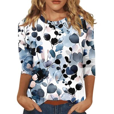 3/4 Length Sleeve Womens Tops 2026 Spring Summer Clothing for Women Plus Size Shirts for Women 3/4 Sleeve Tops Crew Ncek Floral Print Trendy Causal Blouse A41 Navy 3XL