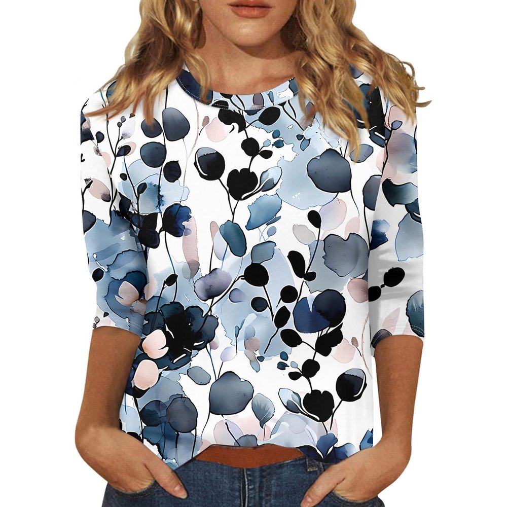 3/4 Length Sleeve Womens Tops 2026 Spring Summer Clothing for Women Plus Size Shirts for Women 3/4 Sleeve Tops Crew Ncek Floral Print Trendy Causal Blouse A41 Navy 3XL