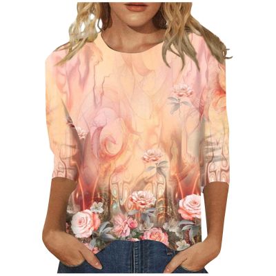 3/4 Length Sleeve Womens Tops 2026 Spring Summer Clothing for Women Plus Size Shirts for Women 3/4 Sleeve Tops Crew Ncek Floral Print Trendy Causal Blouse A08 Pink L