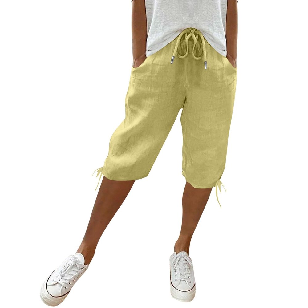 Bermuda Shorts for Women Knee Length Casual Loose Walking Shorts Lightweight Beach High Waisted Linen Shorts Casual Cargo Capris Hiking Pants Ladies Drawstring Beach Baggy Trousers
