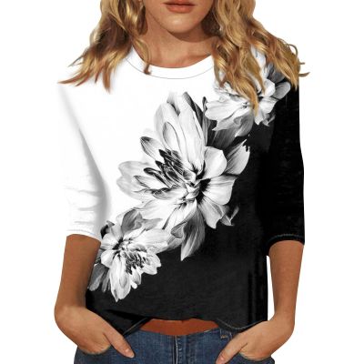 3/4 Length Sleeve Womens Tops 2026 Spring Summer Clothing for Women Plus Size Shirts for Women 3/4 Sleeve Tops Crew Ncek Floral Print Trendy Causal Blouse A05 Black L