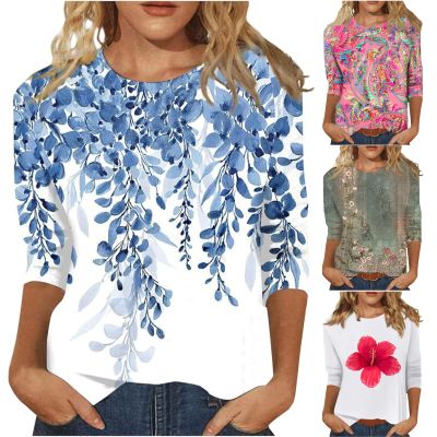 3/4 Length Sleeve Womens Tops Spring Summer Blouses for Women Plus Size 3/4 Sleeve Basic Comfortable Floral Print Tees Lady Crewneck Floral Tops Blue XL