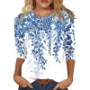 3/4 Length Sleeve Womens Tops Spring Summer Blouses for Women Plus Size 3/4 Sleeve Basic Comfortable Floral Print Tees Lady Crewneck Floral Tops Blue XL view 2