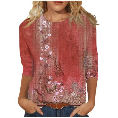 3/4 Length Sleeve Womens Tops 2026 Spring Summer Clothing for Women Plus Size Shirts for Women 3/4 Sleeve Tops Crew Ncek Floral Print Trendy Causal Blouse A05 Wine XXL