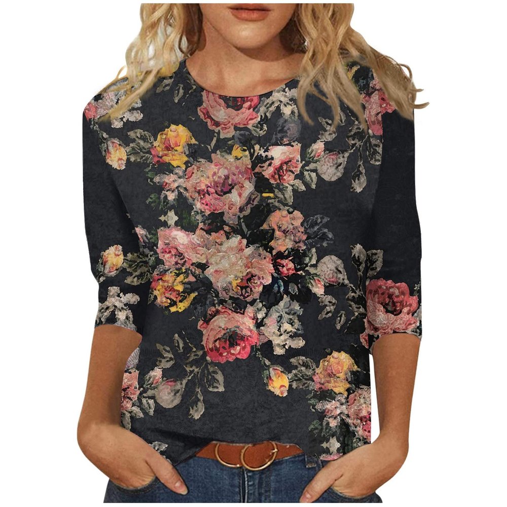 3/4 Length Sleeve Womens Tops 2026 Spring Summer Clothing for Women Plus Size Shirts for Women 3/4 Sleeve Tops Crew Ncek Floral Print Trendy Causal Blouse A09 Black M