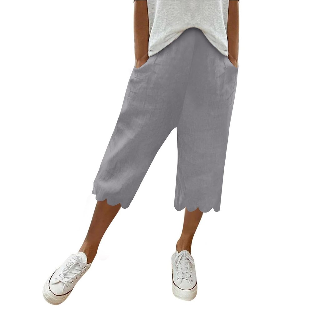 Generic Women Casual Shorts Summer Ruffle Knee Length Shorts 2024 Women's Linen Capris 2024 Summer Casual Plus Size Elastic High Waisted Drawstring Rolled Hem Shorts with Pockets Gray, Small