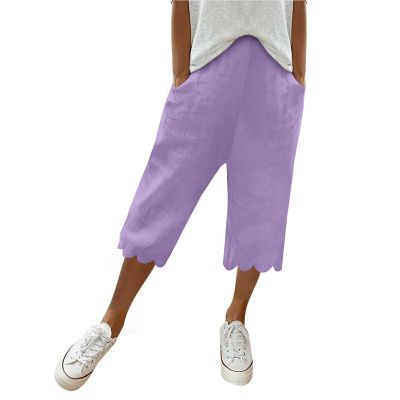 Women Casual Shorts Summer Ruffle Knee Length Shorts 2024 Shorts for Women Summer Cotton Linen Long Shorts below The Knee High Waisted Loose Shrink Wide Leg Shorts Pants Purple
