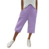 Women Casual Shorts Summer Ruffle Knee Length Shorts 2024 Shorts for Women Summer Cotton Linen Long Shorts below The Knee High Waisted Loose Shrink Wide Leg Shorts Pants Purple view 1