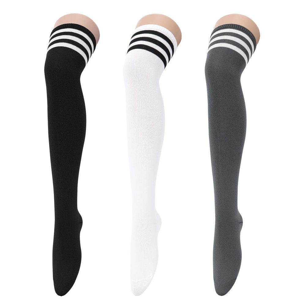 Century Star 3 Pairs Thigh High Socks for Women Over the Knee High Socks Triple Stripe Long Stockings Thigh Highs Leg Warmer 3 Pairs 2