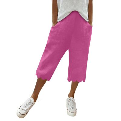 Women Casual Shorts Summer Ruffle Knee Length Shorts 2024 Women's 2024 Trendy Casual Loose Fit Elastic Waisted Pleated Linen Bermuda Shorts Long Shorts with Pockets Hot Pink