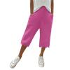 Women Casual Shorts Summer Ruffle Knee Length Shorts 2024 Women's 2024 Trendy Casual Loose Fit Elastic Waisted Pleated Linen Bermuda Shorts Long Shorts with Pockets Hot Pink view 1