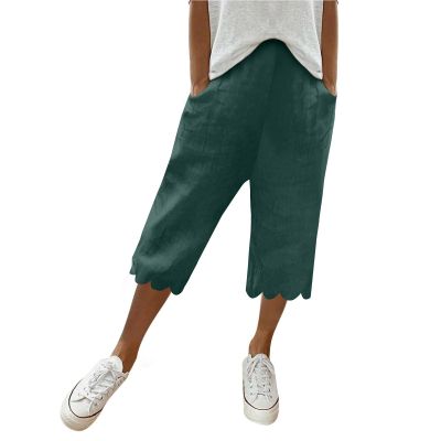 Women Casual Shorts Summer Ruffle Knee Length Shorts 2024 Bermuda Shorts for Women Knee Length Cotton Linen Casual Shorts Drawstring High Waisted Shorts Jogger Athletic Shorts Dark Green