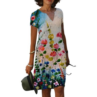 Akivide Women's Summer Boho Linen Floral Print Midi Dress V Neck Short Sleeve Classic Beach Tshirt Dresses for Women