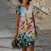 Akivide Women's Summer Boho Linen Floral Print Midi Dress V Neck Short Sleeve Classic Beach Tshirt Dresses for Women view 2
