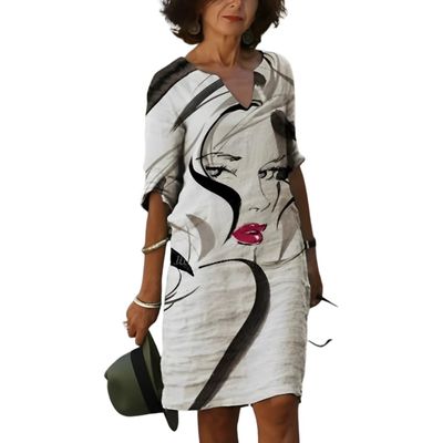 Akivide Women's Summer Boho Linen Floral Print Midi Dress V Neck Short Sleeve Classic Beach Tshirt Dresses for Women
